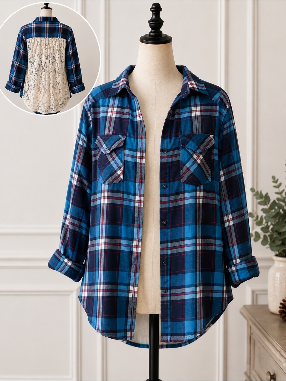 hint of mint Blue Plaid Button-Down Shirt with Lace Back